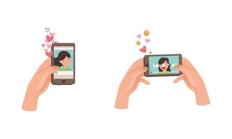 Hands holding smartphone with girlfriend on screen set. call with loved one illustration vector