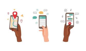 Hands holding smartphones set. People chatting, texting and using city map gps navigation on smartphone illustration vector