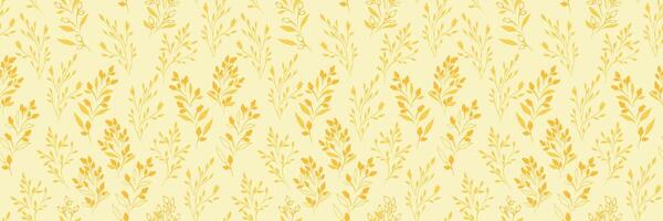 Seamless pattern with delicate leafy stems in warm golden hues on a yellow background. Elegant botanical design, perfect for textiles, wallpapers, packaging, invitations vector