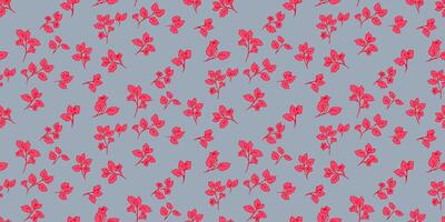 Seamless floral pattern with tiny red flowers and delicate stems on a grey background. Elegant and minimalistic design for fabric, wallpaper, packaging, and wrapping paper vector