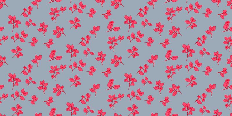 Seamless floral pattern with tiny red flowers and delicate stems on a grey background. Elegant and minimalistic design for fabric, wallpaper, packaging, and wrapping paper