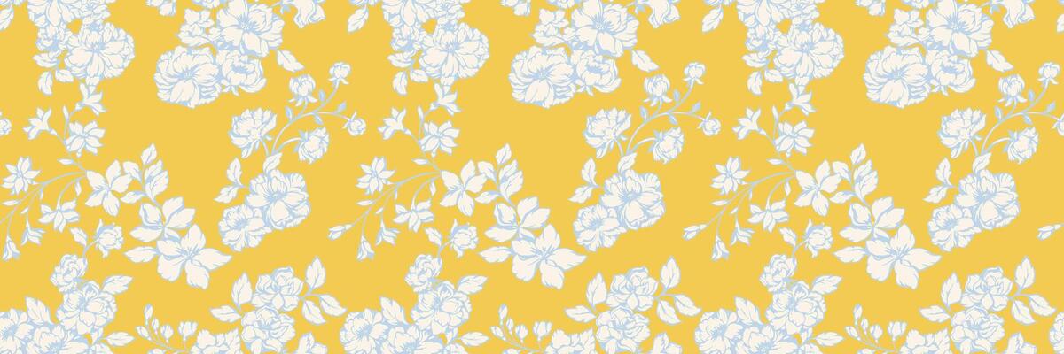 Elegant seamless floral pattern featuring delicate blossoms with intricate line art on a vivid yellow background. Classic botanical style, perfect for textiles, wallpapers, invitations, and decor
