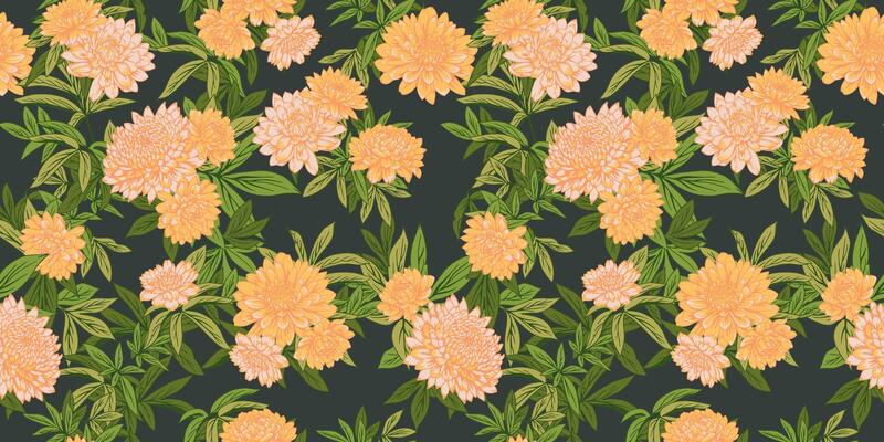 Blooming seamless exotic tropical pattern. drawn illustration botanical. Abstract artistic yellow flowers and green leaf print. Nature ornament for designs, wallpaper, fabric, fashion, textiles