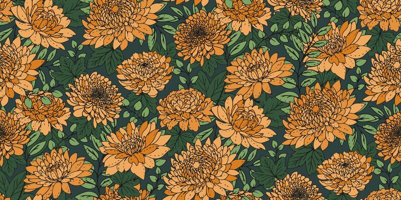 Summer blooming meadow seamless floral pattern. Abstract artistic yellow flowers and leaf print on a green background. drawn botanical illustration. Nature ornament for designs