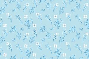 Seamless pattern with delicate tiny flowers branches on a blue background. Minimalist floral design with soft botanical elements. Perfect for textiles, wallpapers, wrapping paper, branding vector