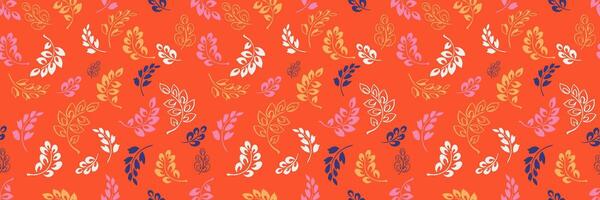 Seamless pattern featuring stylized tiny botanical leaves on a bright orange background. Elegant design ornament is ideal for prints, textiles, wallpapers, stationery, branding vector