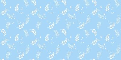 Elegant seamless pattern featuring delicate white botanical branches and scattered leaves on a soft blue background. Minimalistic pastel print and nature inspired for textiles, stationery vector