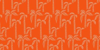 Seamless tropical pattern featuring hand drawn palm trees in white on a bold orange background. A minimalistic, modern design perfect for summer themed textiles, wallpapers, and branding vector