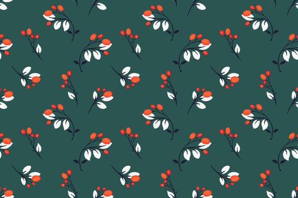 Seamless pattern featuring delicate berry branches with white leaves on a deep green background. Minimalist and elegant, perfect for fabric, wallpaper, stationery, gift wrap, and decor