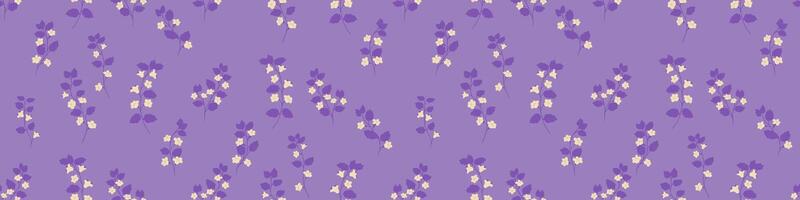 Seamless pattern featuring minimal floral branches with tiny leaves and small flowers on a violet, purple background. Ideal for textiles, wrapping paper, and summer themed designs vector