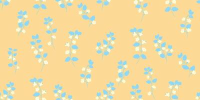 Minimal seamless pattern with floral stems and blue leaves on a yellow background. Summer, modern, and bold design for fashion, print, stationery, and digital projects vector