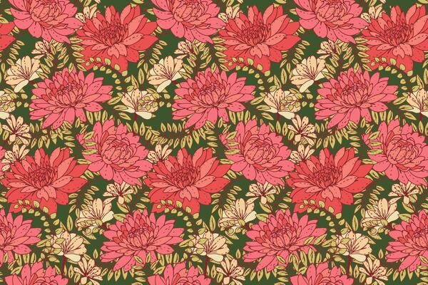 Summer seamless floral pattern on green background. Blooming mixed with herbs, leaves and meadow plants Nature ornament. Colorful flowers print. drawn illustration. for designs, fabric, textiles