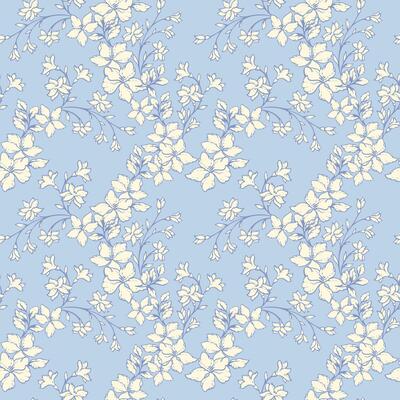 Seamless floral pattern with elegant soft flowers on a pastel, light blue background. Vintage style botanical design, nature ornament for textiles, wallpapers, fashion, luxury packaging