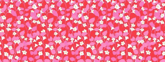 Bright seamless pattern with tiny flowers and lush small pink leaves on a red background. illustration. Nature ornament, design for summer textiles, wrapping paper, digital prints vector