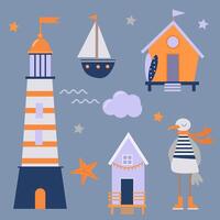 Set with marine elements for children's design with beach houses, lighthouse and seagull vector