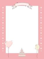 Cute pink frame for a girl with cake, balloons and stars vector