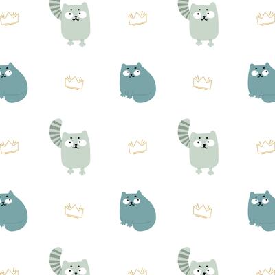 Fun pattern with cats and crowns on a white background for decor, textiles and clothes