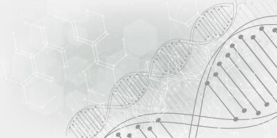 Gray scientific background with DNA line and hexagon cells. modern design vector