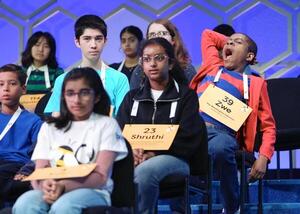 Zwe Spacetime, 13, sponsored by The Washington Informer in Washington, DC, relaxes after correctly spelling the word symptomology during the quarterfinals of the 2025 Scripps National Spelling Bee at the Gaylord National Resort and Convention Center in Oxon Hill, MD, on May 28, 2025.. editorial_image