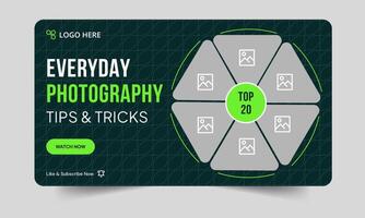 New photography daily tips and tricks thumbnail banner design, daily photography learning tips and techniques cover banner design, editable eps 10 file format vector