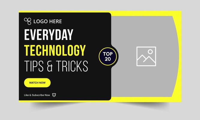 Daily technology tips and tricks thumbnail banner design, daily photography learning tips and techniques cover banner design, editable eps 10 file format