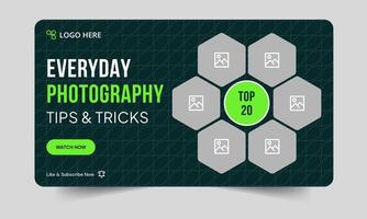 Polygonal shape photography daily tips and tricks thumbnail banner design, daily photography learning tips and techniques cover banner design, editable eps 10 file format vector