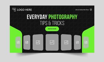 Top photography daily tips and tricks thumbnail banner design, daily photography learning tips and techniques cover banner design, editable eps 10 file format vector