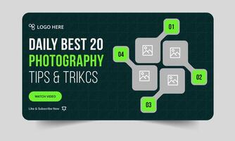 Top photography tips and tricks thumbnail banner design, daily photo shoot technique cover banner design, fully customizable eps 10 file format vector