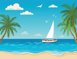 tropical beach scene with a sailboat on the ocean, palm trees, white clouds, and seagulls vector