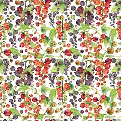 Currant gooseberry cluster bunch raceme with leaves, ripe garden berry casseille jostaberry juneberry. Isolated seamless pattern, watercolor hand drawn. Seasonal menu cover, fabric, wrapping paper