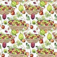 Gooseberry Currant in weaved basket with leaves, scattered ripe picked berry harvest. Isolated seamless pattern hand drawn in watercolor. Dessert cafe menu, cookbook, craft farmers market, gardening vector