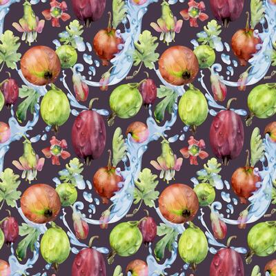 Gooseberry Currant berries flying in water splash, leaves and dew drops hand drawn in watercolor. Ripe garden juneberry casseille jostaberry. Seamless pattern isolated on dark. Fabric, wrapping paper