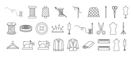 Set of sewing and tailoring icons including needles, spools, dressform, thread, and scissor. Linear symbols. Design for poster, template, banner, card. vector
