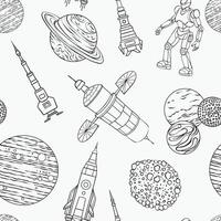 A seamless pattern with featuring line art space elements such as rockets, planets, a robot, satellites, and asteroids, illustration vector