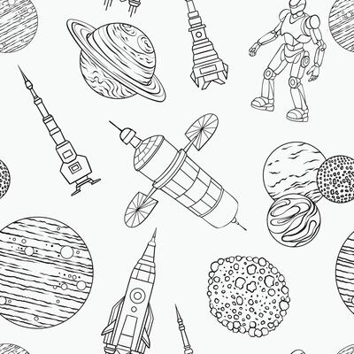 A seamless pattern with featuring line art space elements such as rockets, planets, a robot, satellites, and asteroids, illustration