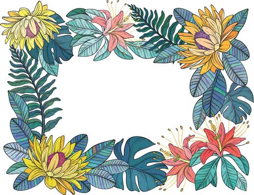 A colorful illustration of a tropical floral frame with bright flowers and lush green leaves arranged around the border