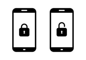 Lock and unlock padlock on phone screen icon. Security smartphone sign symbol vector