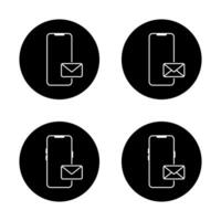 Smartphone with envelope message icon set on black circle. Email on mobile phone screen sign symbol vector