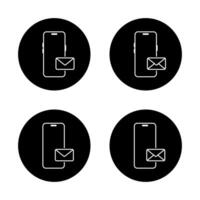 Smartphone email icon set on black circle. Mobile phone with envelope message sign symbol vector