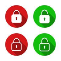 Lock and unlock padlock icon with long shadow. Security, privacy protection symbol vector