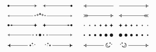 Graphic dividers and decorations, y2k aesthetics shapes and stickers. Arrows and stars, moons and circles. design elements. vector