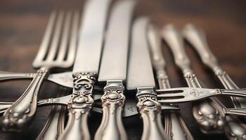 close up of a bunch of silverware on a table photo