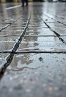 close up of a wet sidewalk with people walking in the background photo
