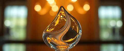 glass sculpture of a water drop on a table photo