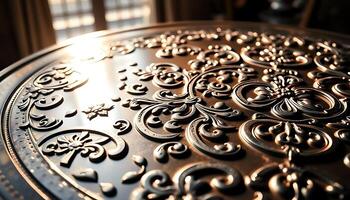 close up of a metal table with a sun shining through the window photo