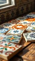 wooden table topped with lots of colorful tiles photo