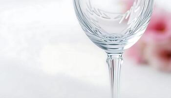 close up of a wine glass with a flower in the background photo