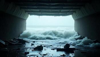 view of the ocean from inside a tunnel photo