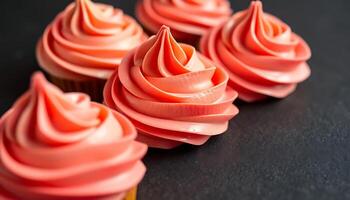 cupcakes with pink frosting on a black surface photo