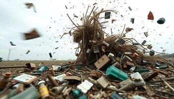 pile of broken glass bottles in the middle of a field photo